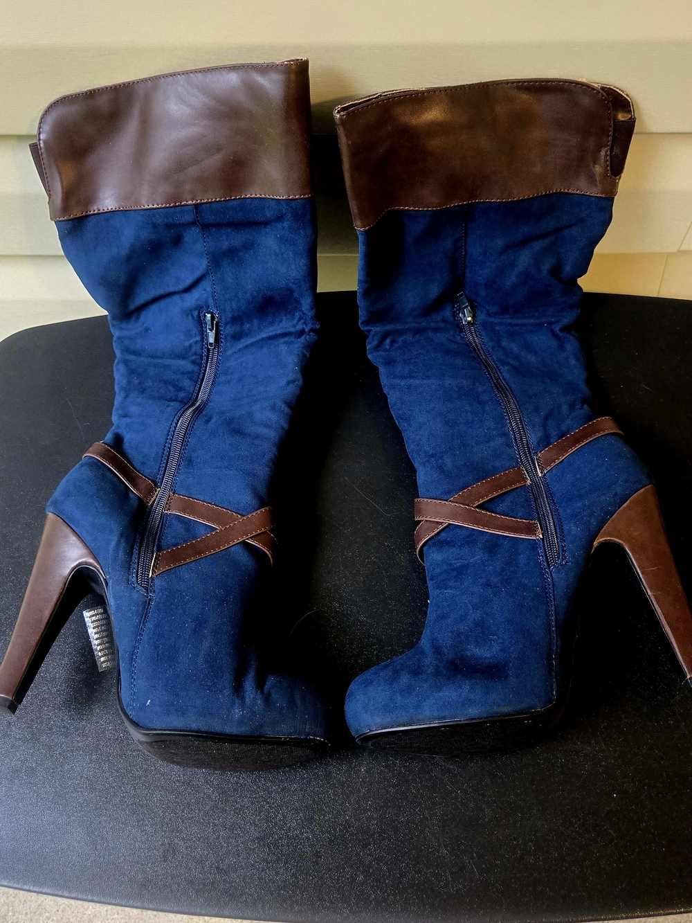 Women’s Navy Blue Suede High-Heel Mid-Calf Boots with Brown Trim